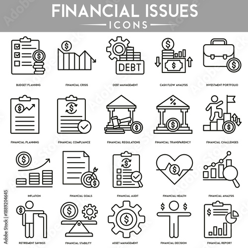 Financial issues icon set illustrating money problems, risks, and economic challenges in vector style.