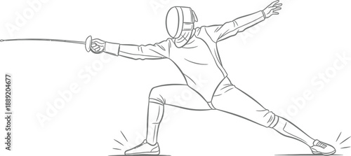 Fencer in dynamic action pose with fencing sword and protective mask in a competitive fencing stance