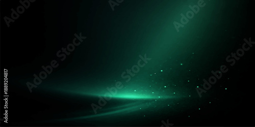 An abstract digital wallpaper features a fusion of blue and green textured waves with glowing stars and light rays set against a dark space backdrop