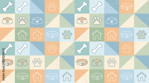 Cute Pet Themed Geometric Pattern with Paw Prints, Bones, and Bowls