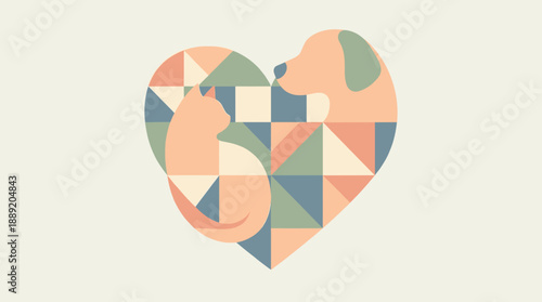 Heartfelt Geometric Illustration Symbolizing Pet Love and Companion Animals - A Modern Design of a Cat and Dog Embracing in a Stylized Heart