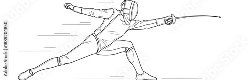 Fencer executes a precise lunge with outstretched arms and a poised fencing sword in a dynamic fencing position