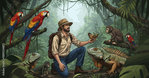 A Wildlife Biologist Interacting with Various Animals in a Lush Tropical Jungle Setting