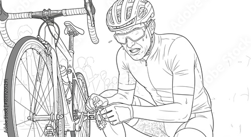 Cyclist experiences mechanical issue while competing in a high intensity professional cycling event with fellow riders