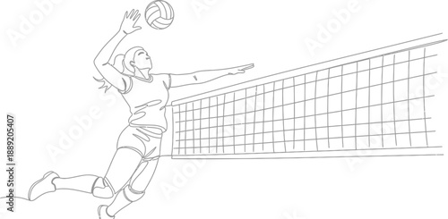 Female volleyball player in mid-air, spiking the ball with power and precision over the net