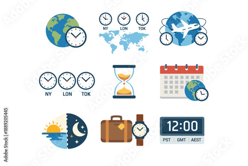 World Time Zones and Global Travel Icons