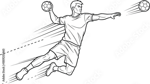 Male handball player in dynamic motion throws ball with intensity and focus during competitive match play action sequence