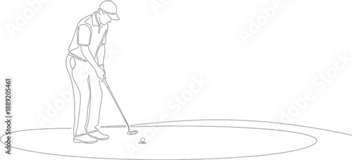 Man in baseball cap playing golf on a putting green with a simple line drawing style