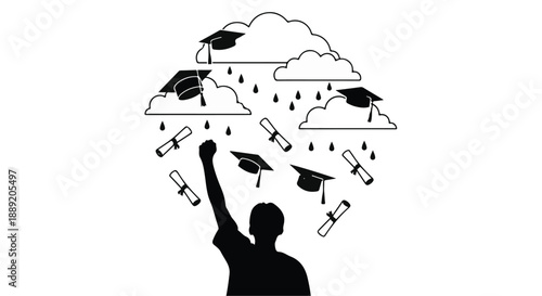 Silhouette of graduate celebrating with diploma and graduation caps falling from clouds