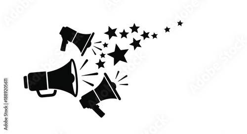 Megaphones with stars and sound waves on white background
