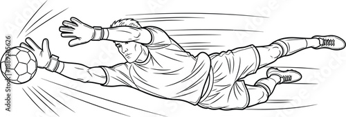 Goalkeeper diving to catch a soccer ball with outstretched hands in a dynamic illustration