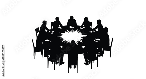 Silhouette of diverse group of people sitting around a table in discussion