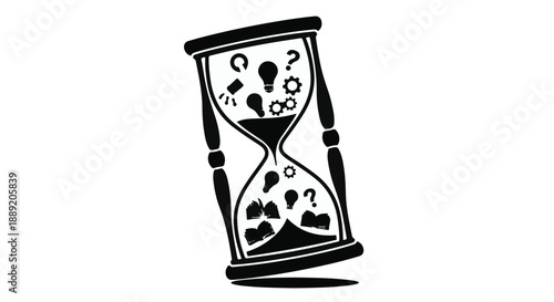 Tilted hourglass with question marks and lightbulb