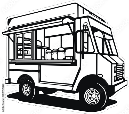 Black and white vector illustration of a street food truck sticker logo, bold clean line art, solid black outline, flat design, high contrast, stock vector