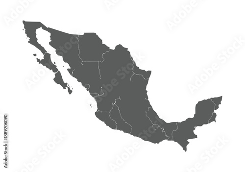Mexico map administrative vector, United Mexican States regional boundaries, province border layout, grey silhouette style, white outline design, isolated cartography illustration