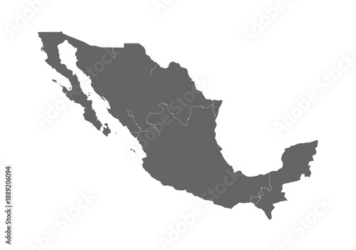Mexico map administrative vector, United Mexican States regional boundaries, province border layout, grey silhouette style, white outline design, isolated cartography illustration