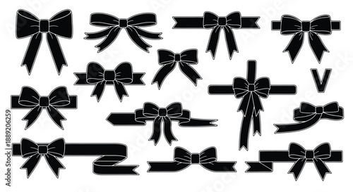 Collection of black ribbon bows in various shapes and orientations