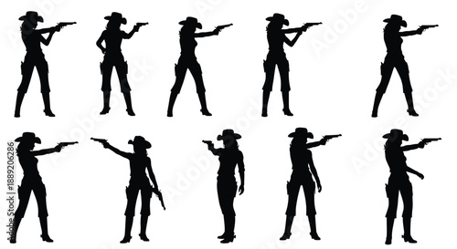 Silhouette series depicting a woman with a gun in various poses