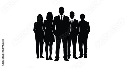 A group of six people depicted as black silhouettes standing together