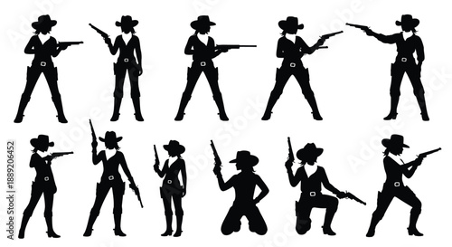 Silhouette collection of women in cowboy hats wielding firearms