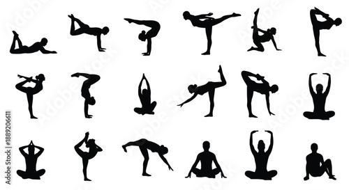 Silhouettes of people practicing various yoga poses and acrobatic figures