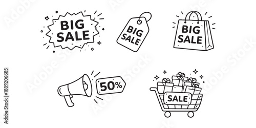 Big Sale Collection Shopping Bag, Tag, Megaphone, and Cart with Gifts Icons