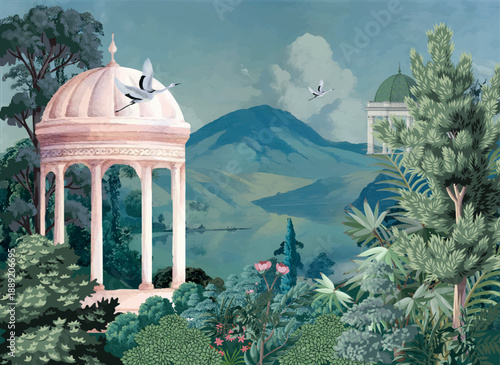 Mughal garden wallpaper mural Design, hill lake, Dome, brds, traditional mughal background, watercolor background.