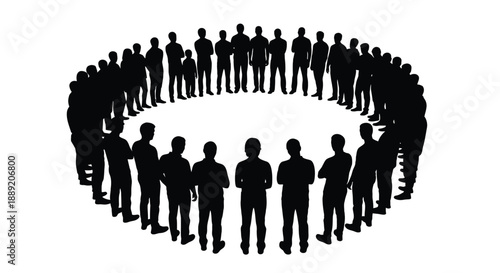 A large group of silhouetted people forming a circular shape