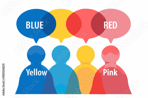 Overlapping color bubbles with text and stylized human silhouettes below