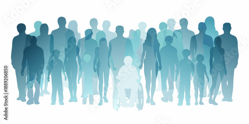 Abstract crowd of people in shades of blue including a person in a wheelchair