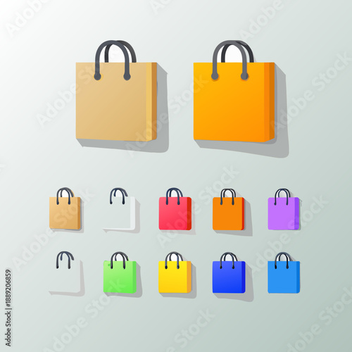 Colorful shopping bags arranged in a grid pattern on a gray background