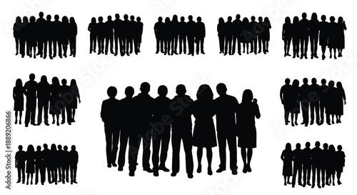 Silhouettes of groups of people arranged in rows and clusters