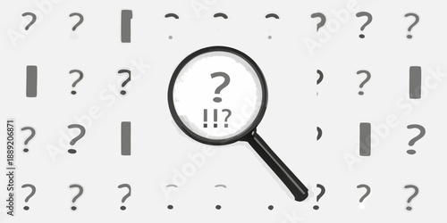 A magnifying glass focuses on a question mark amid numerous other symbols