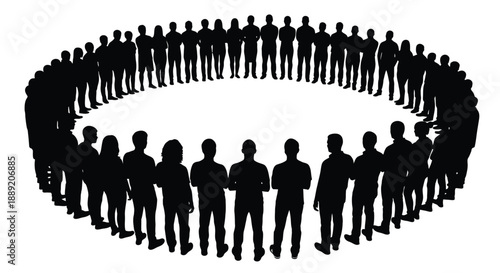 A large group of people forming a nearly complete circle silhouette