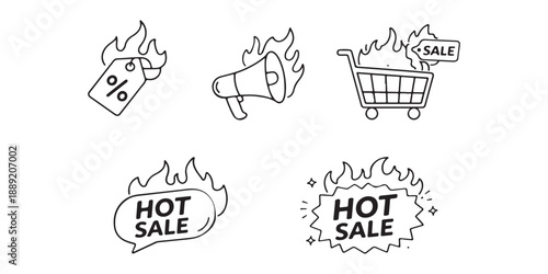 Set of hot sale icons with discount, megaphone, shopping cart and text in flames