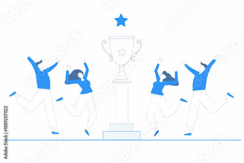 Celebrating victory three people joyfully raise their arms near a trophy