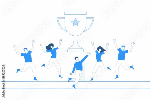 Celebrating success joyful people jumping with a trophy in the background