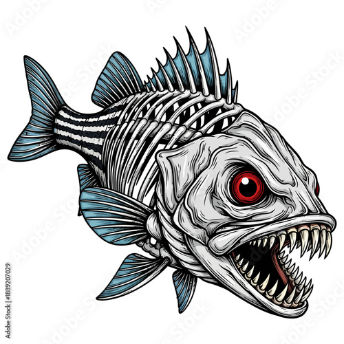 skeleton striped bass fish with sharp teeth and red eyes in aggressive cartoon mascot style
