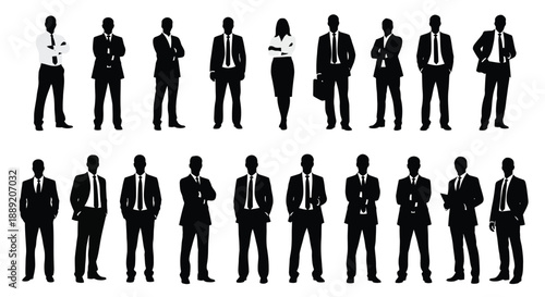 Silhouettes of business professionals in formal attire standing in rows