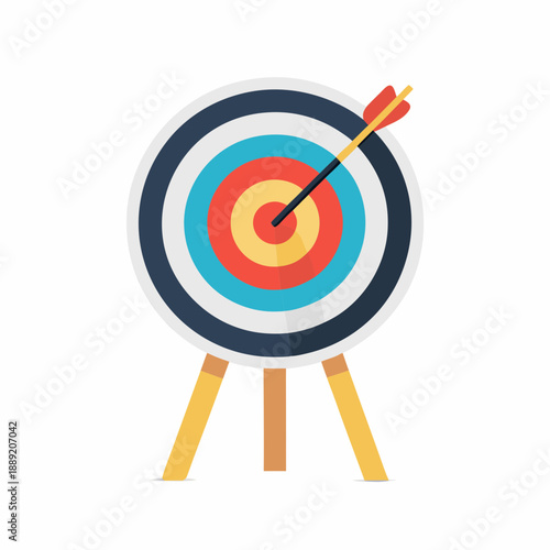 A colorful target with a dart in the bullseye standing on legs