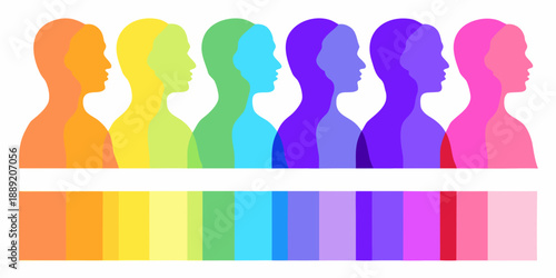 Silhouettes of faces in rainbow colors with corresponding color swatches