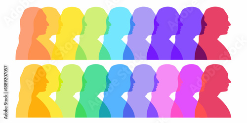 Silhouettes of faces arranged in rainbow colors representing diversity