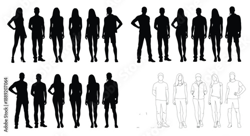 Collection of diverse silhouettes people men women and outlines displayed