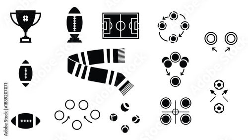 A collection of sports icons and symbols for football and other games
