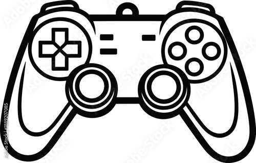 Black and white vector illustration of a gaming controller sticker logo, minimal modern line art, solid black outline, flat design, pure black and white, stock vector