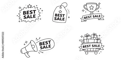 Set of hand-drawn icons celebrating sale events, promotions, and special offers