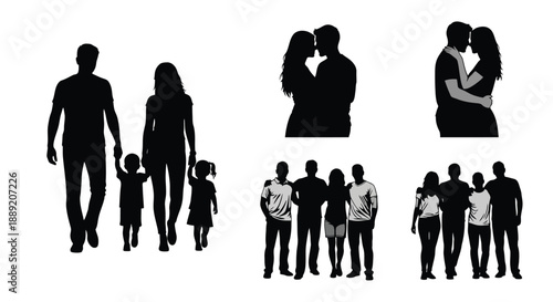 Silhouettes of diverse couples and families embracing tenderly