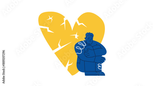 A blue illustration of a man hugging himself in front of a broken yellow heart
