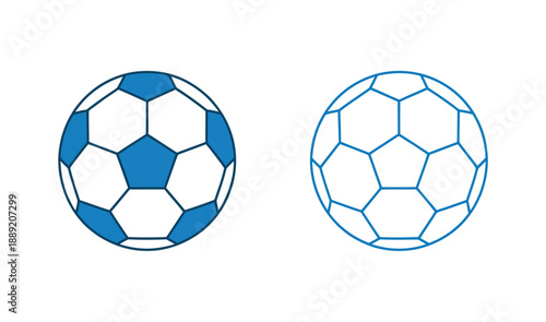 Soccer ball blue and white vector illustration, two footballs arranged in a row, sport game equipment concept