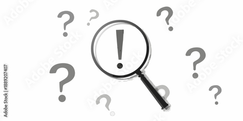 A magnifying glass focuses on an exclamation point surrounded by question marks